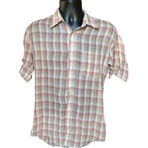 Royal Knight Plaid Shirt Medium Men’s 70s Red Beige Vintage Button-Up Casual